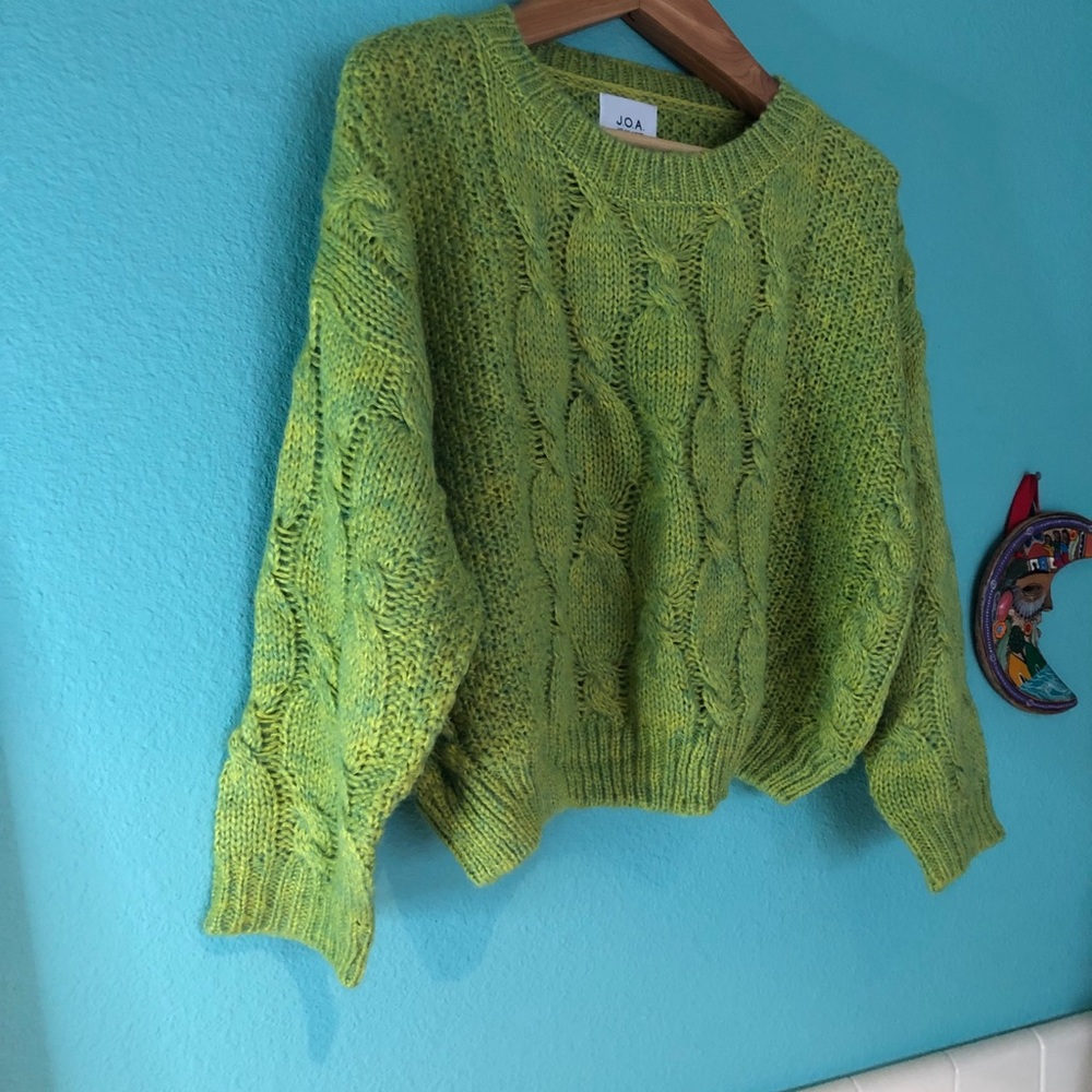 J.O.A. Neon Green Cable Knit Crewneck Sweater